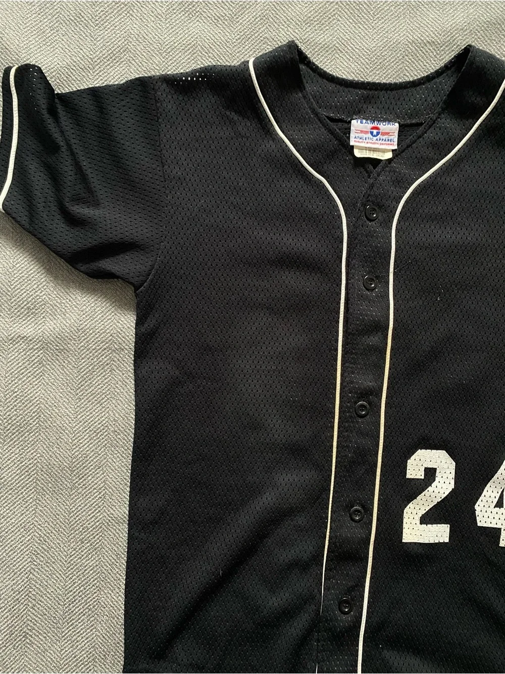 Kids Black Baseball Jersey with White Piping and Number 24
